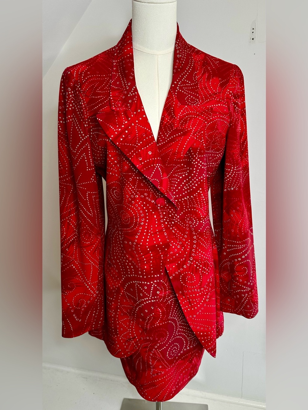 Vintage Chacok Paris Red Printed Skirt Suit Made in France T1/US 4-6